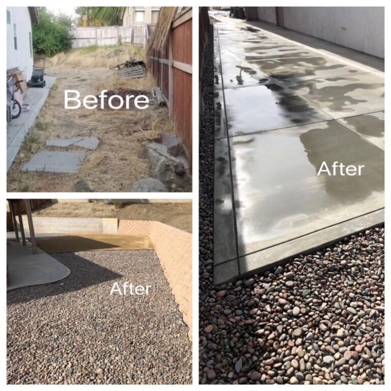 A before and after picture of the patio.