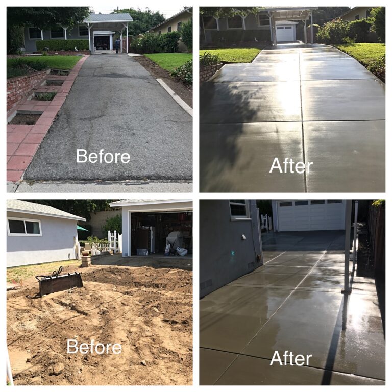 A collage of photos showing before and after pictures of concrete work.