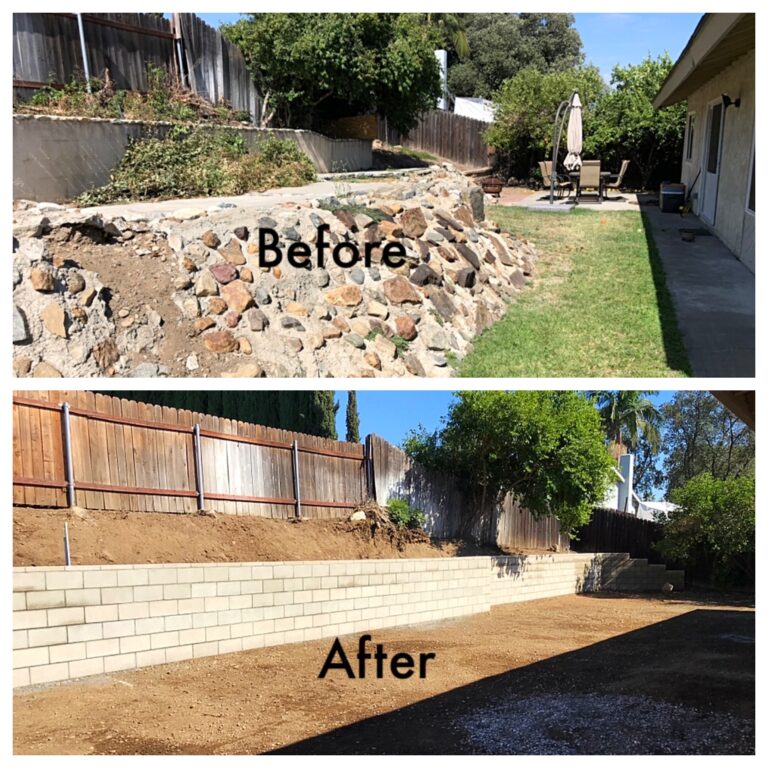 A before and after picture of the side yard.