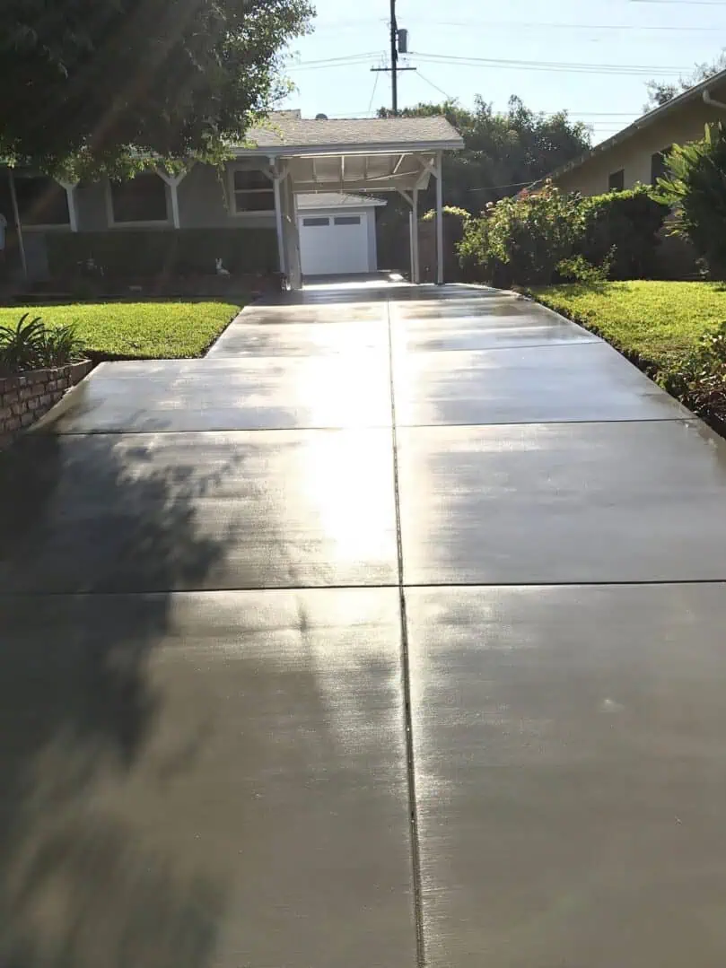 A driveway with grass and bushes around it.