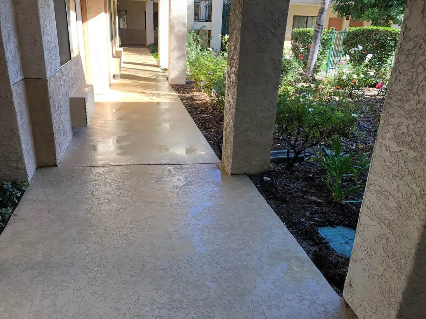 A walkway with concrete steps and a flower bed.