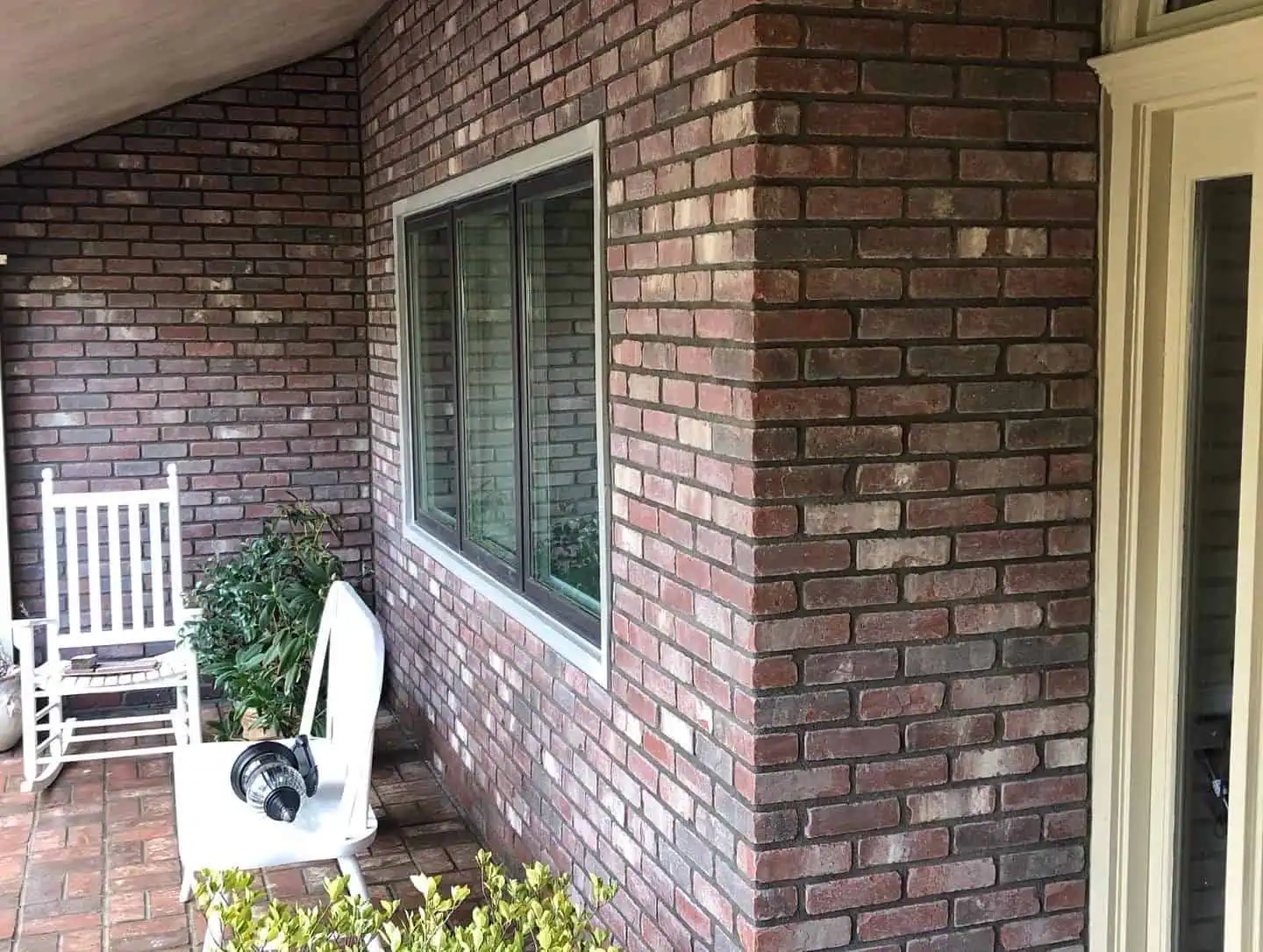 A dog sitting on the back of a chair outside.