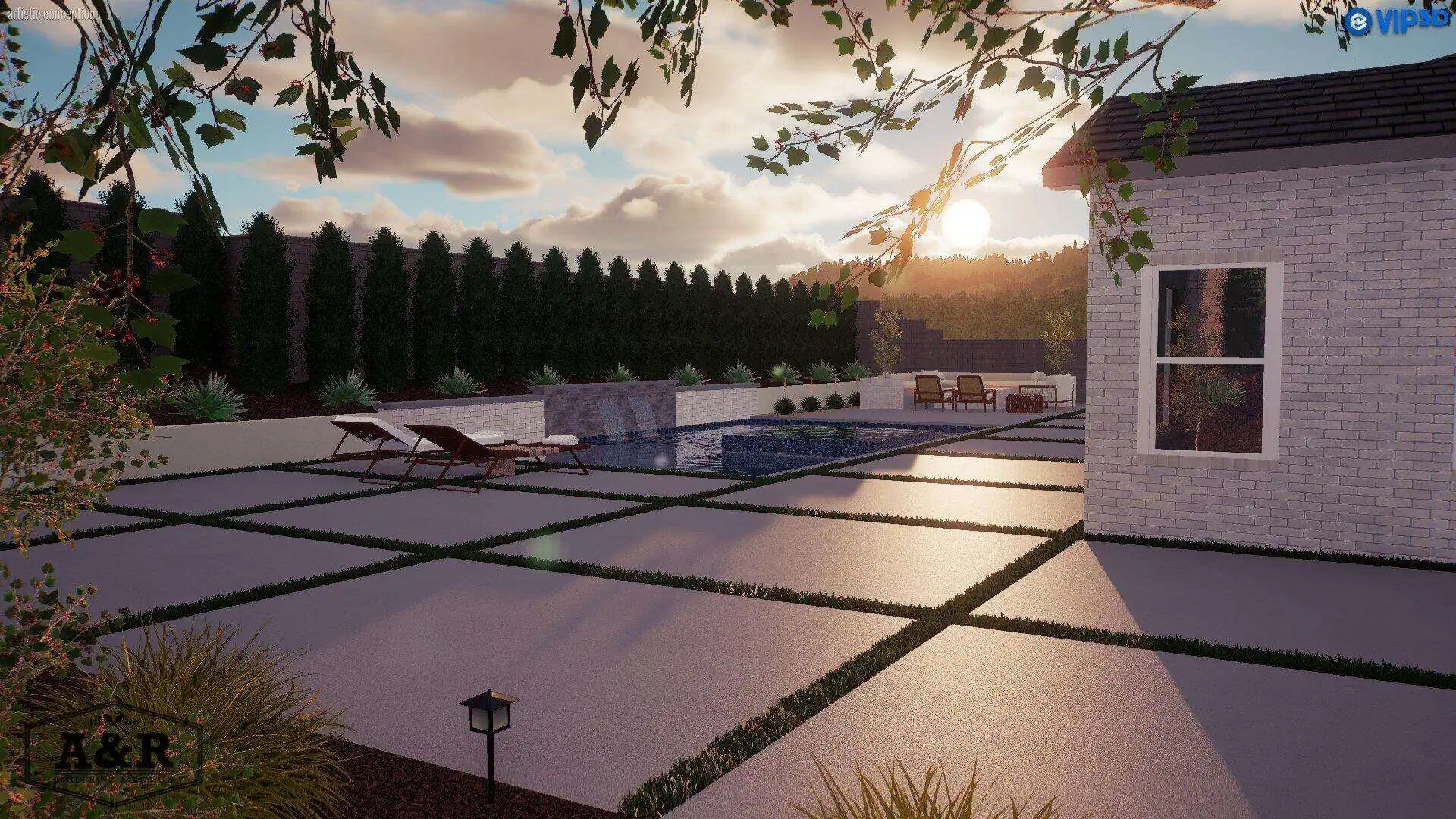 A pool with sun setting in the background.