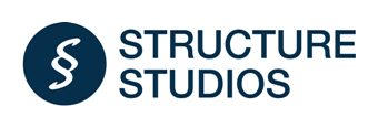 A blue and white logo for structure studio