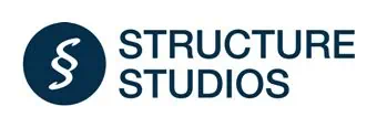 A blue and white logo for structure studio