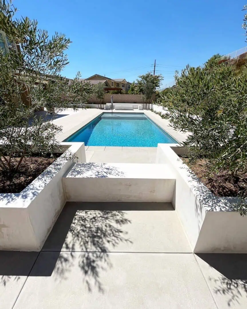 A pool with trees and bushes around it