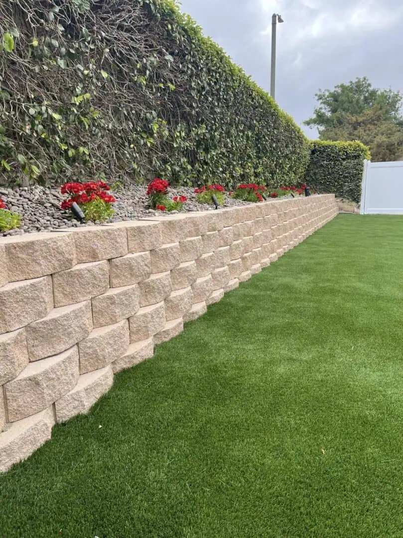 A wall of flowers and grass in the middle of a yard.