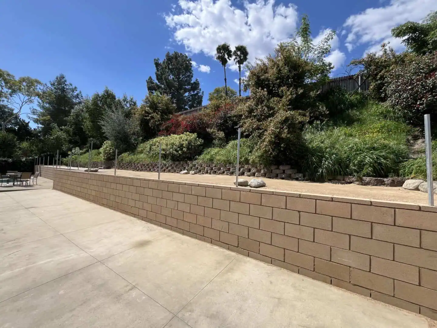 A brick wall with trees and sky in the background
