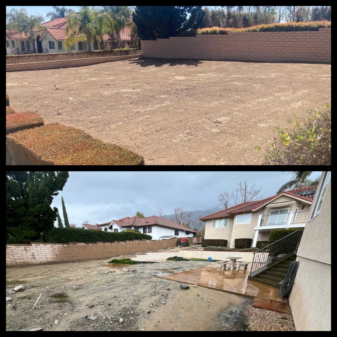 A before and after picture of the same house.