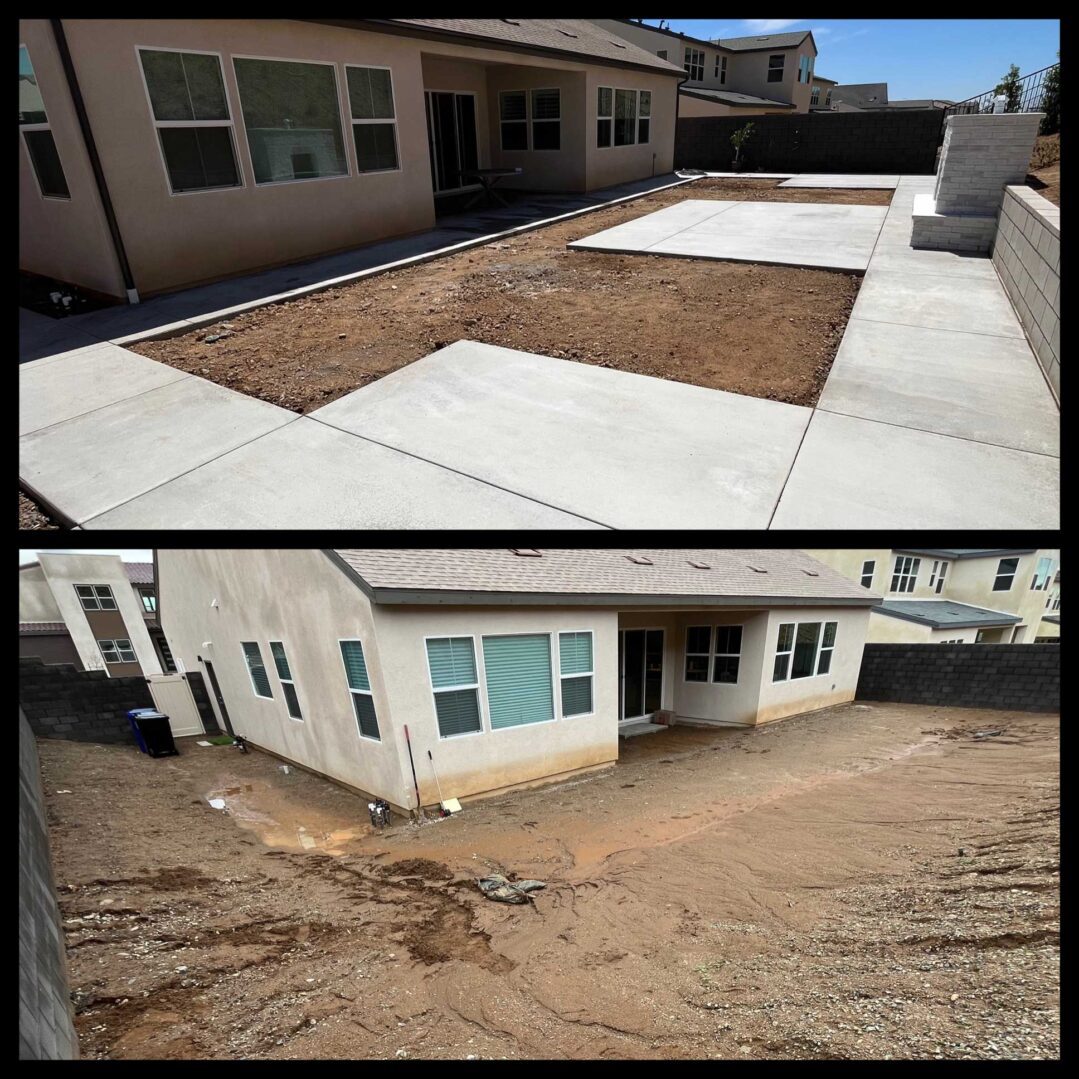 A before and after picture of the back yard.