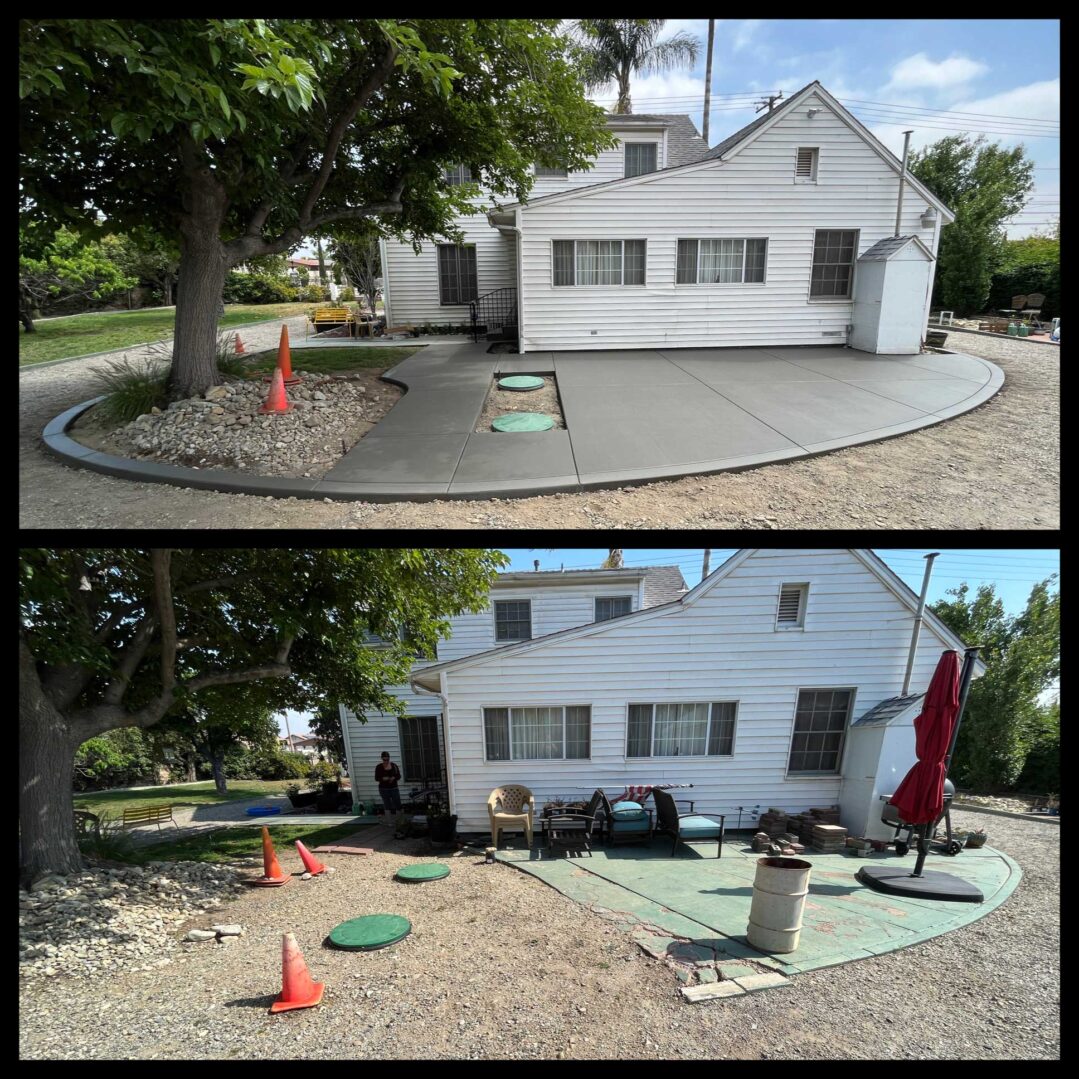 A before and after picture of the back yard.