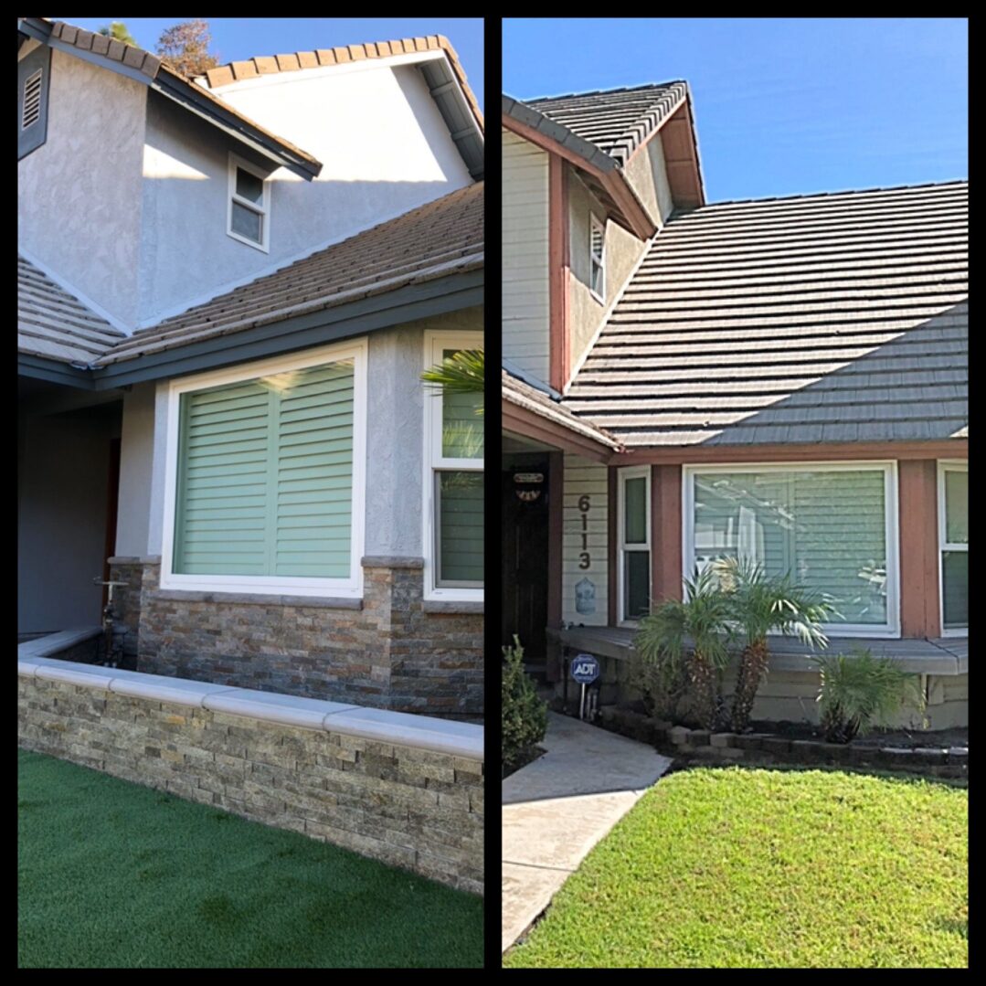 A before and after picture of the exterior of a house.