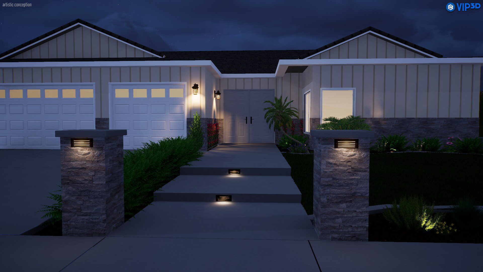 A night time view of the front entrance to a home.