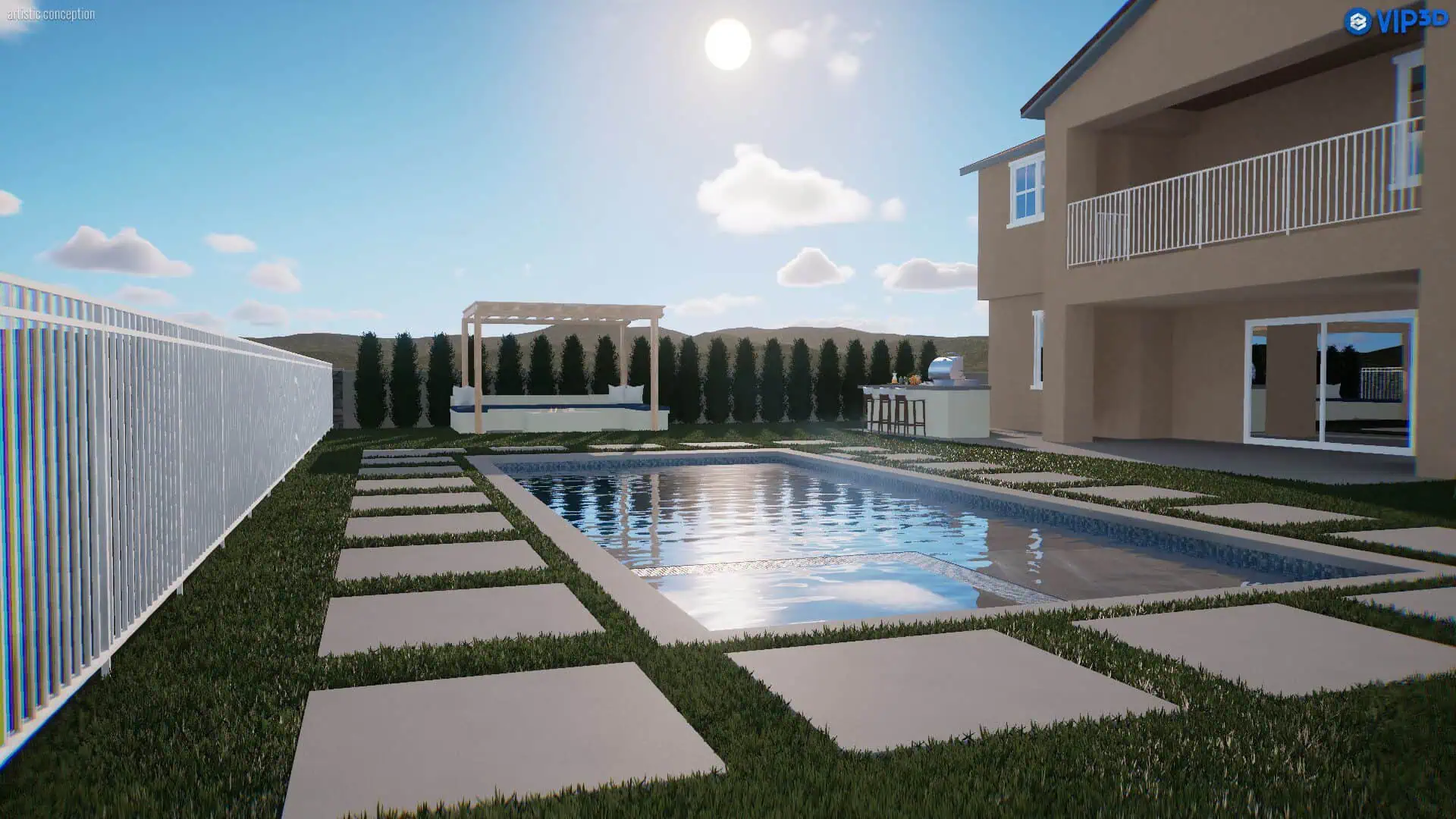 A pool with grass and a house in the background
