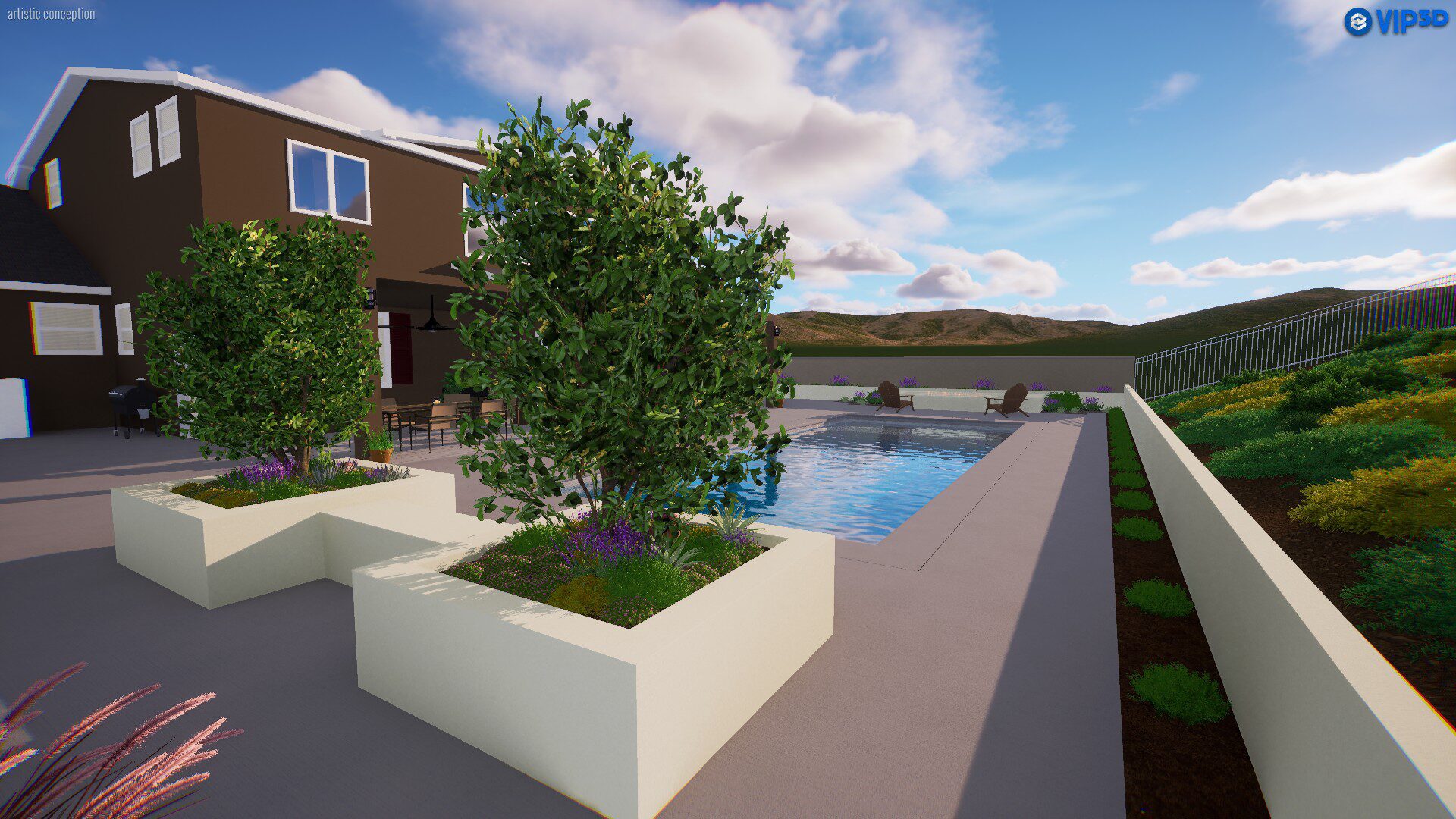 A rendering of the pool area with a tree in it.