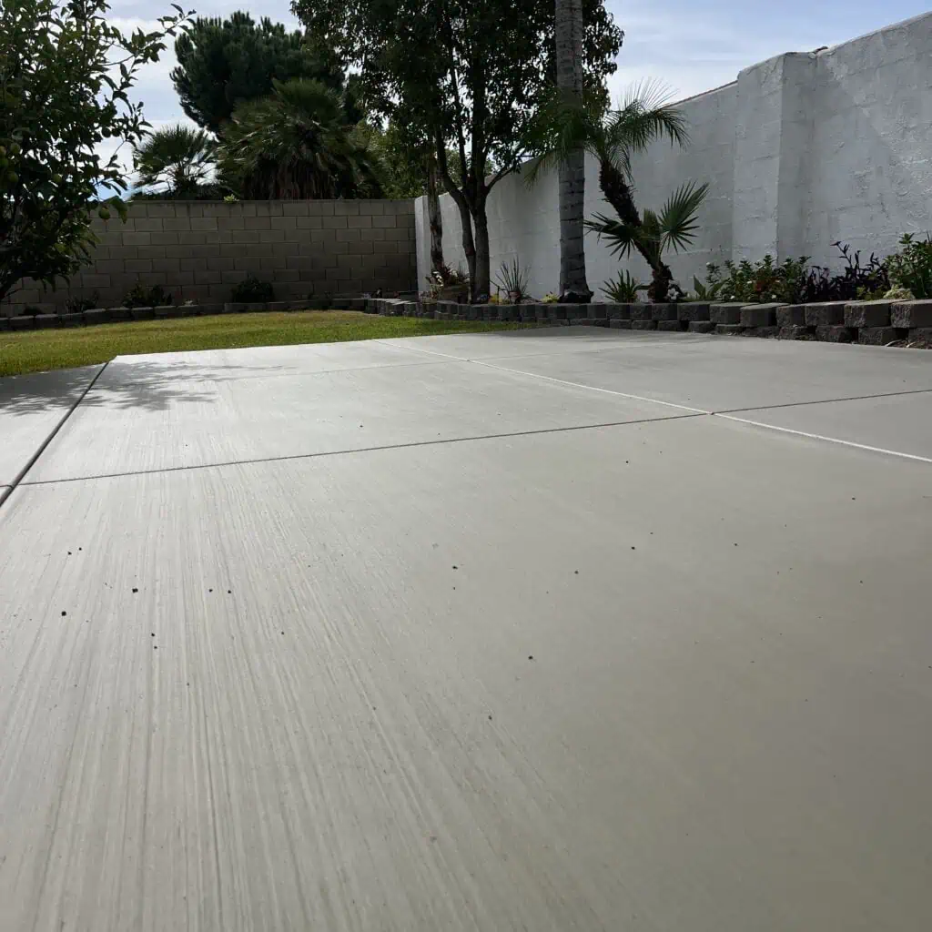 Garden with concrete patio and trees.