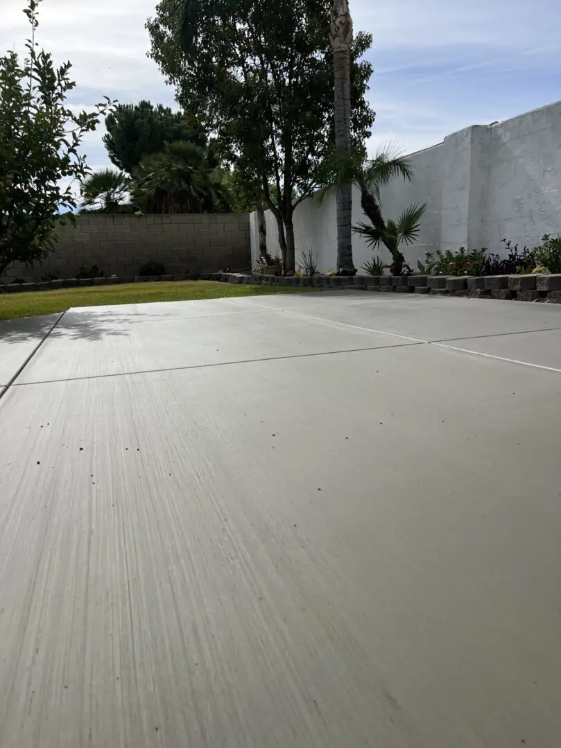 Garden with concrete patio and trees.