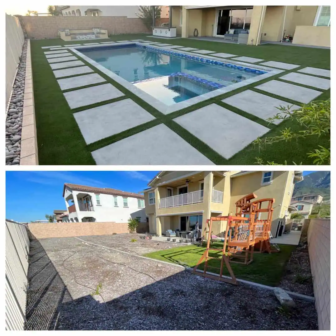Pool area and backyard playset comparison.
