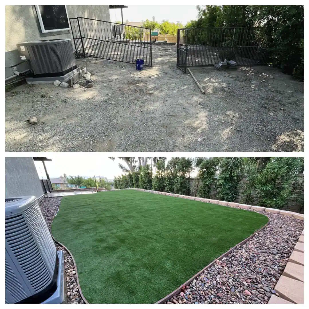 Before and after yard transformation photos.