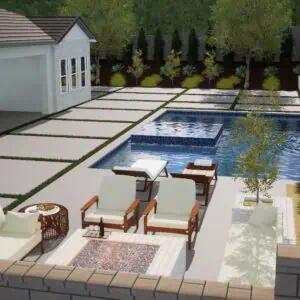 Modern backyard with pool and seating area.