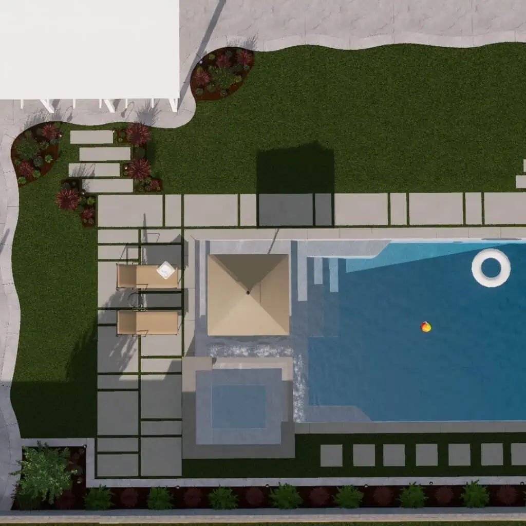 Overhead view of a modern backyard pool.