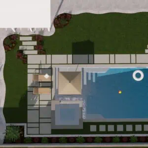 Overhead view of a modern backyard pool.