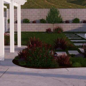 Backyard view with landscaped garden and pool.