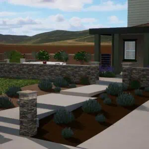 Modern landscaped entrance with stone features.