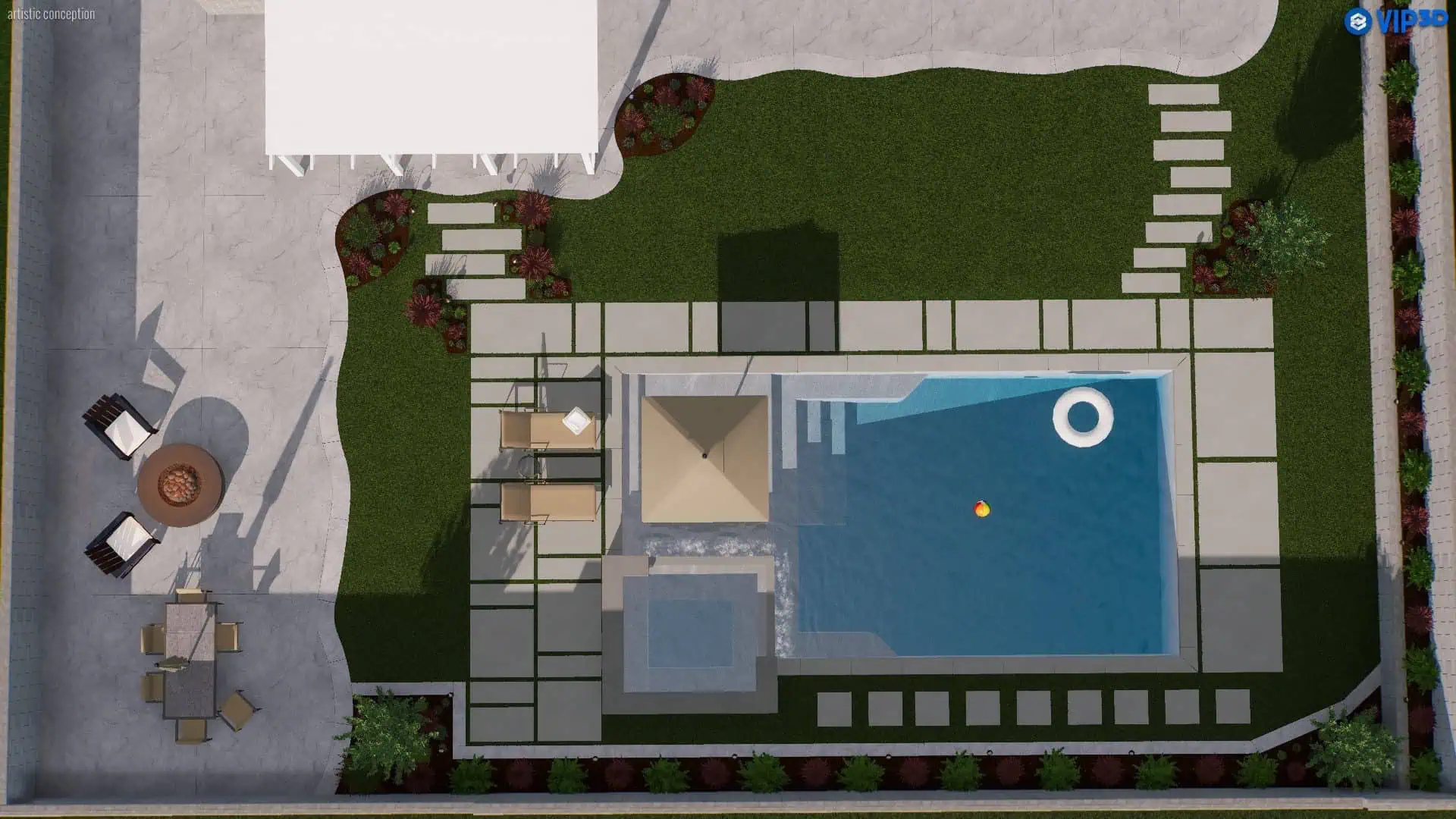 Overhead view of a modern backyard pool.