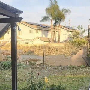 Backyard with a swing hanging from a branch and houses in the background.